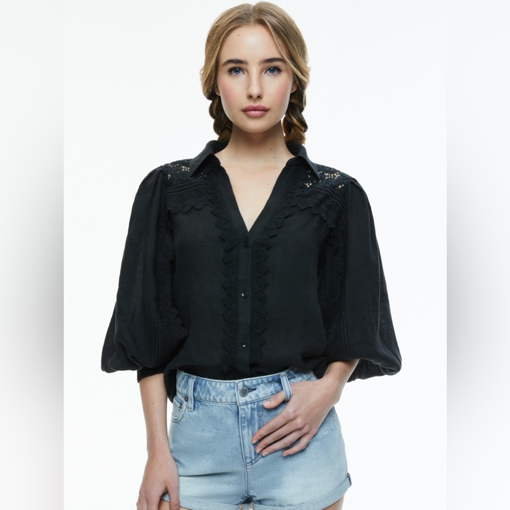 NWT Alice + Olivia Venty Lace Detail Linen Button-Up Blouse